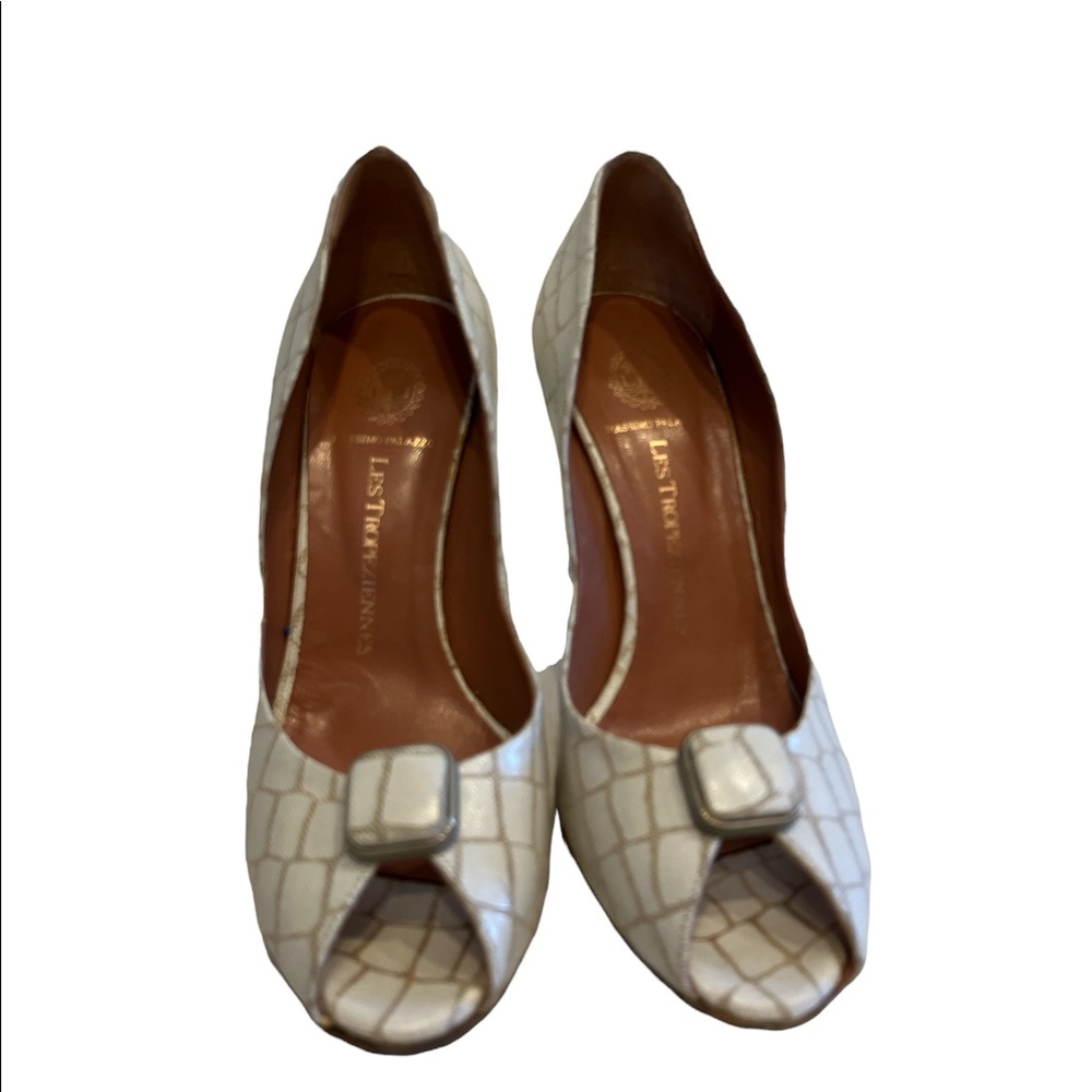 White LES TROPEZIENNES peep toe shoes.